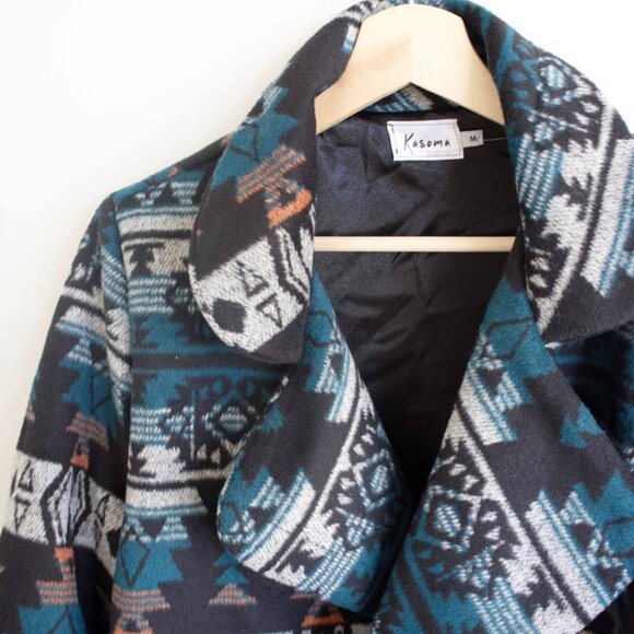 Blue Aztec Pattern Peacoat | Cozy Blue Aztec Pattern Lined Jacket - Picture 7 of 9